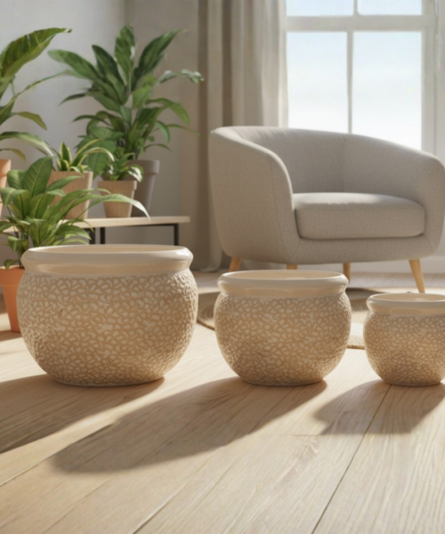 Rounded Beige Indoor Ceramic Pot Set