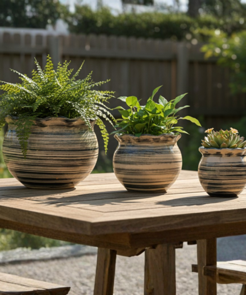 Horizontal Ribbed Decorative Ceramic Pot