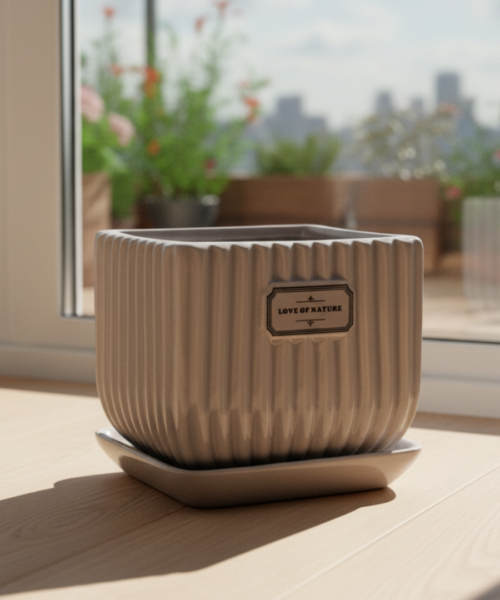 Ribbed Square Designer Ceramic Pot