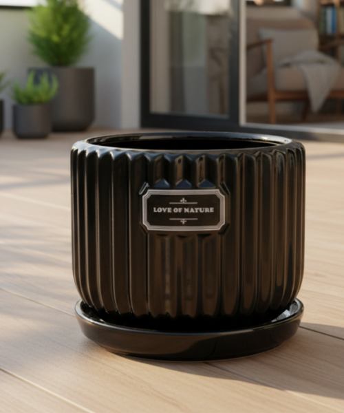 Premium Black Ribbed Ceramic Pot